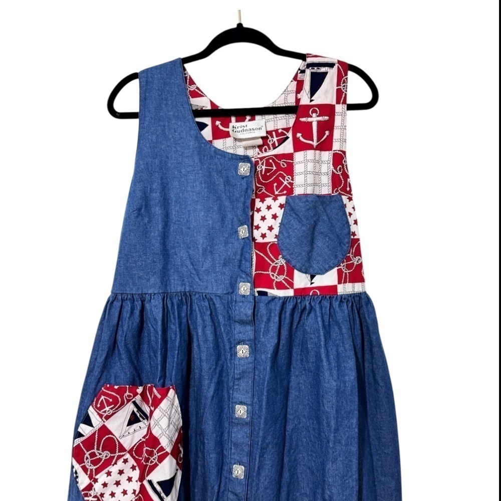 VTG 70s Krist Gudnason Sleeveless Midi Dress Medium Nautical Theme Denim Pockets - Picture 4 of 10